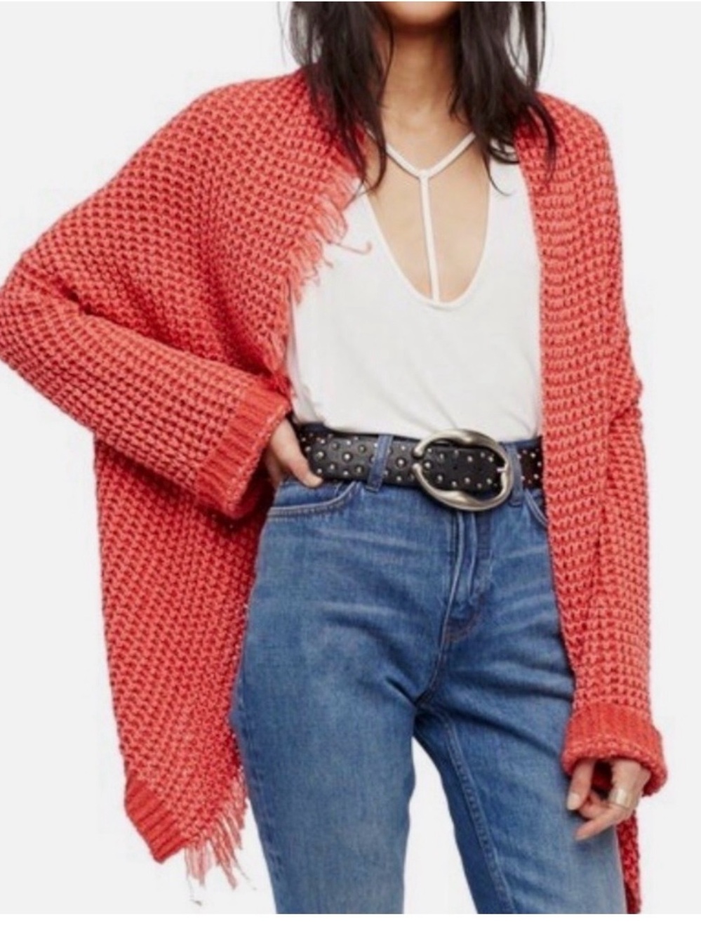 Free People Coral Open-Weave Fringe Cardigan